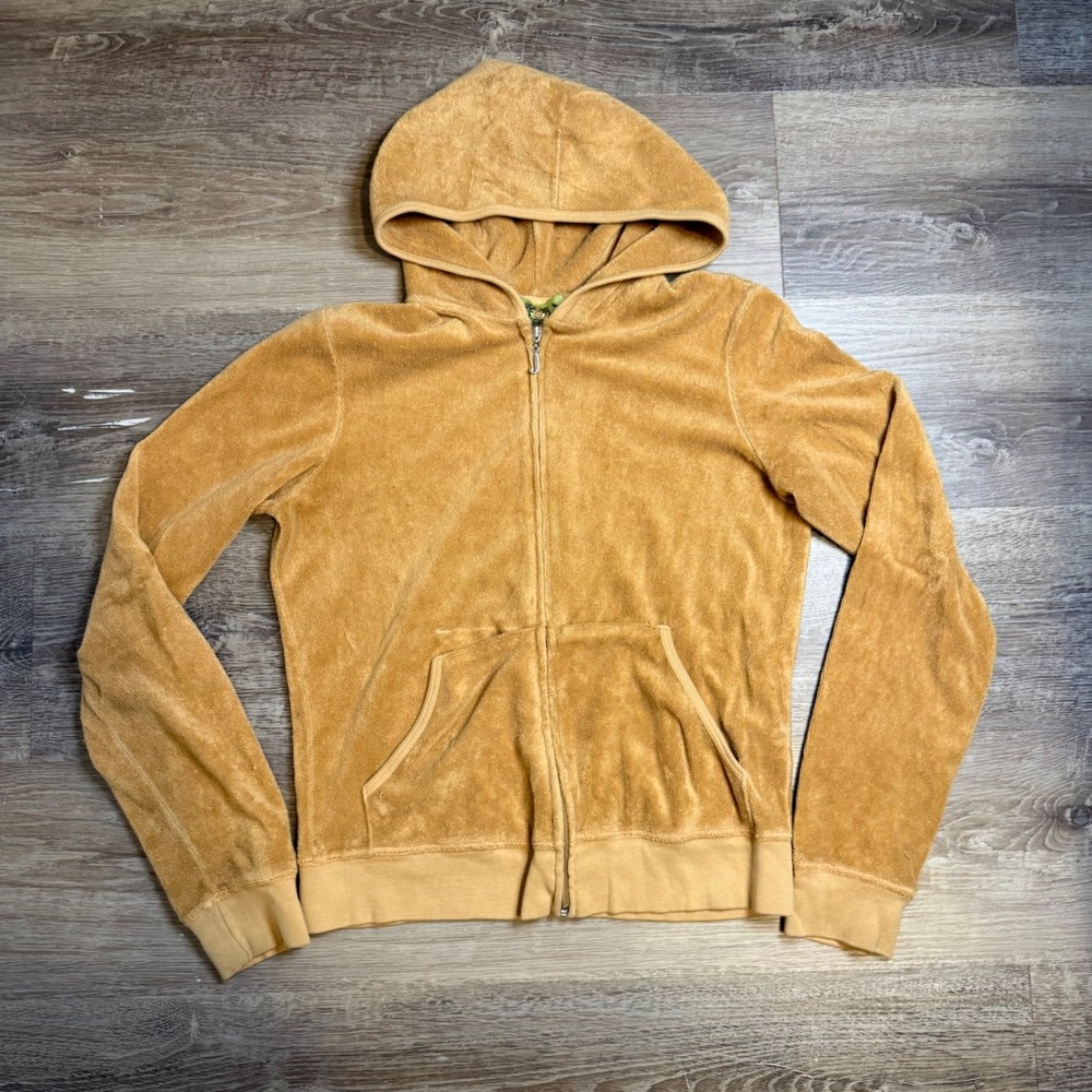 Juicy Couture Vintage Velour Zip Up Hoodie Tan Camel J Pull Y2K Made in USA L - Picture 1 of 6